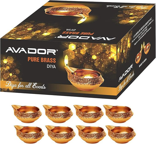 AVADOR Handmade Brass Indian Puja Oil Lamp, Golden Diya Lamp Engraved Design Diya for Diwali Pooja 2.5 Inch (8)