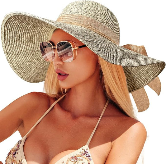 Beach Sun Hats for Women,Wide Brim Straw Hat Floppy Packable UPF 50+ UV Protection with for Summer