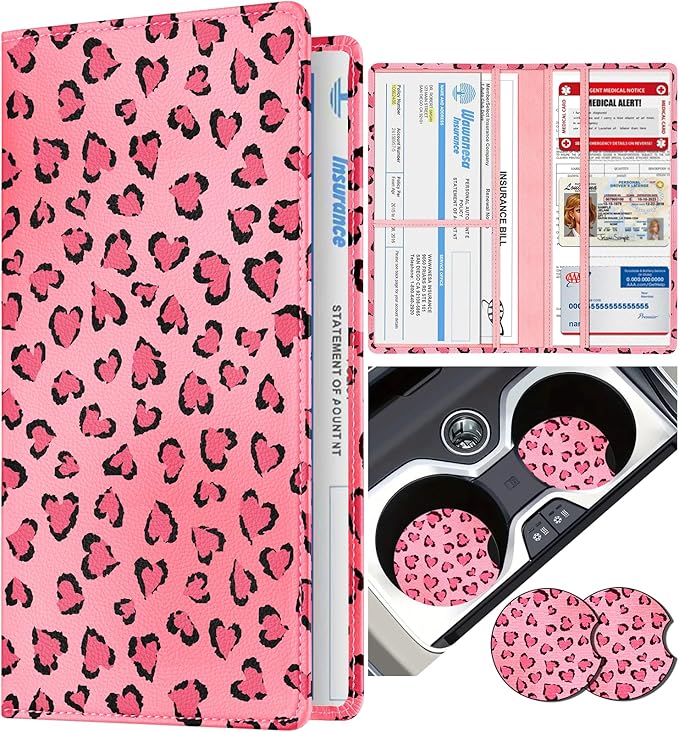 Slohif Car Registration and Insurance Card Holder - Leopard Vehicle Glove Box Organizer Women with Magnetic Shut Leather Automobile License Holders Coasters Auto Accessories Case for Document