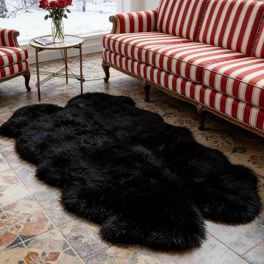Black Faux Fur Sheepskin Area Rug for Living Room Bedroom, 4 x 6 Feet Ultra Soft Shaggy Fuzzy Furry Carpet Chair Throw Large Rugs for Kids, Girls, Nursery Room Decor Dorms