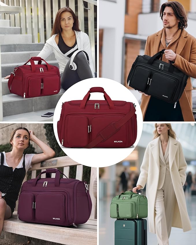 MILADA Carry On Luggage Bags for Travel Large Foldable Duffle Bag for Travel Lightweight Personal Bags for Airplanes Weekend Overnight Bags for Women Mens Travel Bag, Burgundy