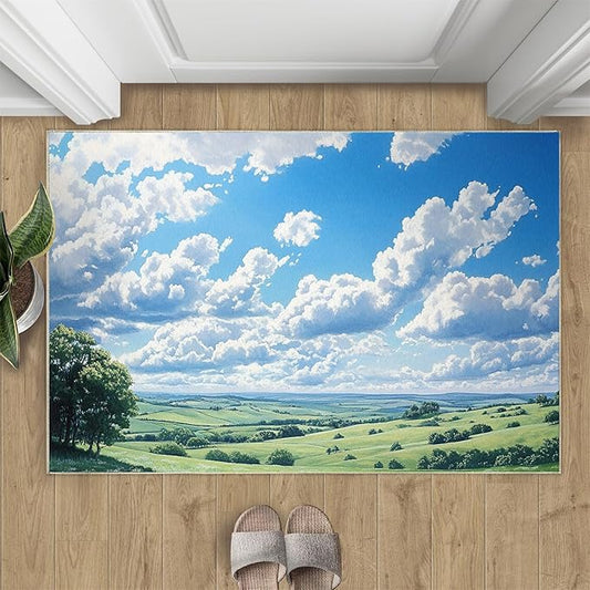 Sky and Clouds 2x3 Area Rugs for Living Room -Grassland and Pasture Washable Rug Rural Landscape Non-Slip Carpet Indoor Floor Stain Resistant Thin Carpets for Bedroom Dining Room Home Office