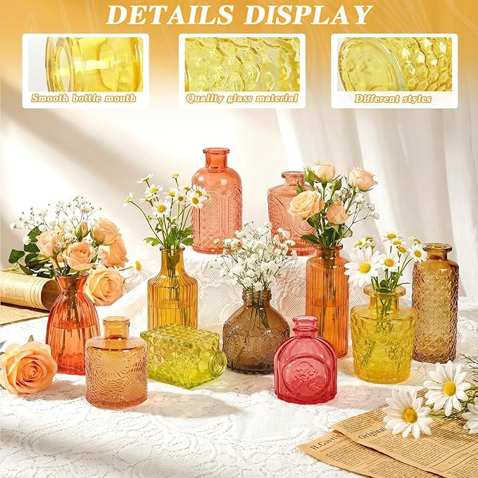 Set of 15 Gold Colored Glass Bud Vases - Small Textured Flower Vases for Centerpieces, Wedding Table Decor, Retro Home Decor Bulk Vase Set for DIY, Events & Gifts