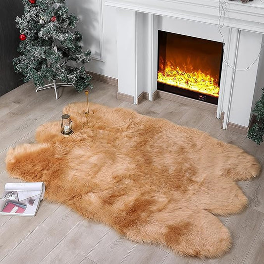 Faux Fur Rug Sheepskin Shag Fluffy Fuzzy Beige 4x6 ft Rugs for Bedroom Bedside Bed Floor Living Room Plush High-Density Cushion Carpet Super Sofa Cover