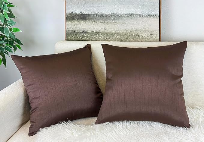 Aiking Home Collection 26x26 Inches Faux Silk Square European Shams, Zipper Closure, Brown (Set of 2)