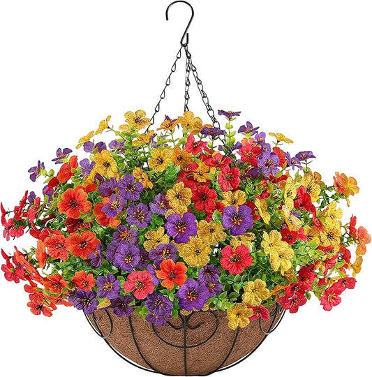 Artificial Faux Hanging Flowers Plants Basket for Outdoors Outside Spring Summer Decoration,Hanging Planters with Silk Fake Flowers Realistic UV Resistant Balcony Porch Garden Patio Home(4 Multicolor)