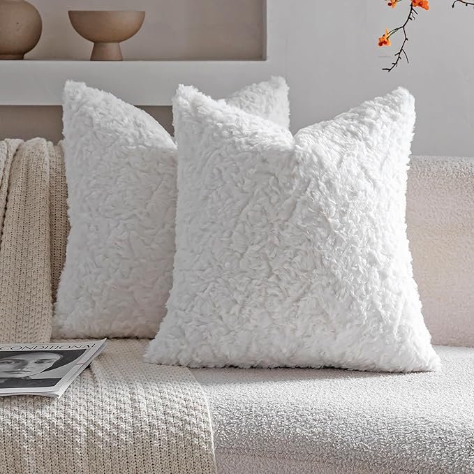 Neelvin Set of 2 Faux Fur Throw Pillow Covers 18x18 Inch White Cozy Soft Solid Decorative Pillowcases Thick Plush Sheepskin Cushion Case for Chair and Couch Sofa Bedroom