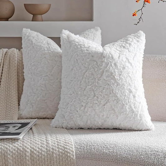Neelvin Set of 2 Faux Fur Throw Pillow Covers 18x18 Inch White Cozy Soft Solid Decorative Pillowcases Thick Plush Sheepskin Cushion Case for Chair and Couch Sofa Bedroom