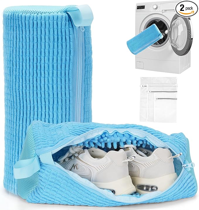 Shoe Washing Machine Bag - Laundry Shoe Bag (2-Pack) Includes 3 Laundry Bags, Reusable, Washer & Dryer Safe, 360° Deep Cleaning for All Shoe Types, Self-Locking Zipper(Blue)