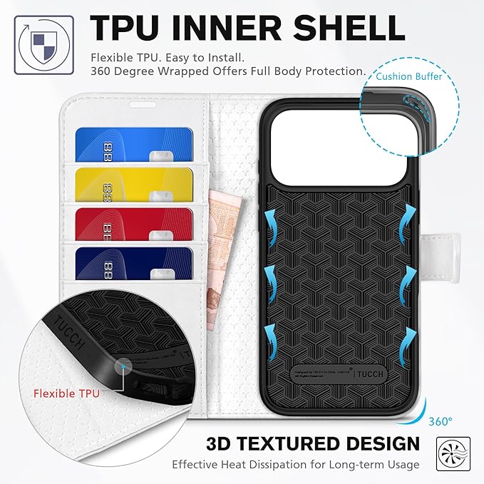 TUCCH Wallet Case for iPhone 17 Pro Max (6.9") 2025, RFID Blocking 4 Card Holders | Kickstand | Shockproof TPU Shell | PU Leather | Magnetic Closure | Protective Flip Folio Cover | White