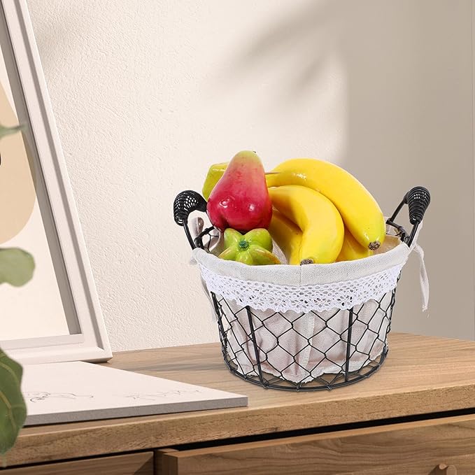 Wire Basket with Handle and Fabric Liner, Rustic Metal Storage Basket for Fruit, Bread, and Wedding Flower Girl, Multi-purpose Home and Kitchen Organizer
