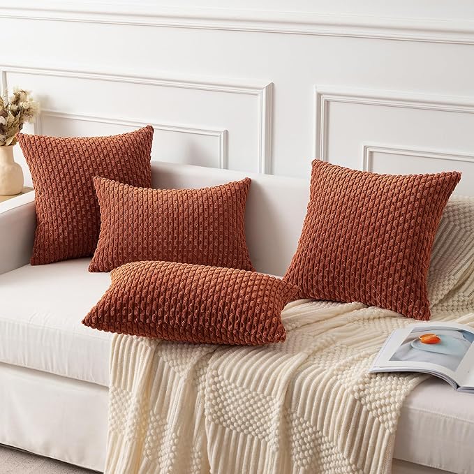 Kevin Textile Fall Corduroy Pillow Covers 26x26 Inch 2 Packs Soft Cozy Euro Pillows with Stripe Pattern Big Throw Pillowcases for Couch Sofa Bedroom Home Decor, Rust