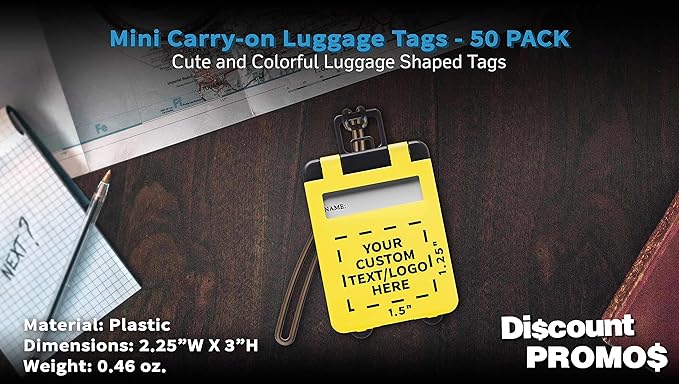 50 Mini Carry-on Luggage Tags Pack - Customizable Text, Logo - Flip Open Cover, ID Sticker - Yellow