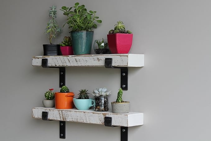 Urban Legacy Accent Shelves | Reclaimed Barn Plank | Set of 2 with Full Brackets (White Wash 24"x 4.5"x 2")