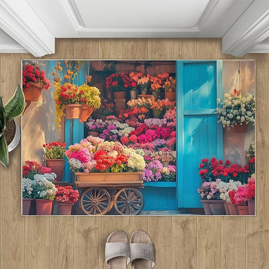 Pastoral Flowers 5x7 Area Rug Colorful Flower Shop Washable Rugs for Living Room Bedroom, Retro Wooden Door Soft Low Pile Non Slip Accent Floor Mat Print Throw Rug Indoor Carpet Dining Room Playroom