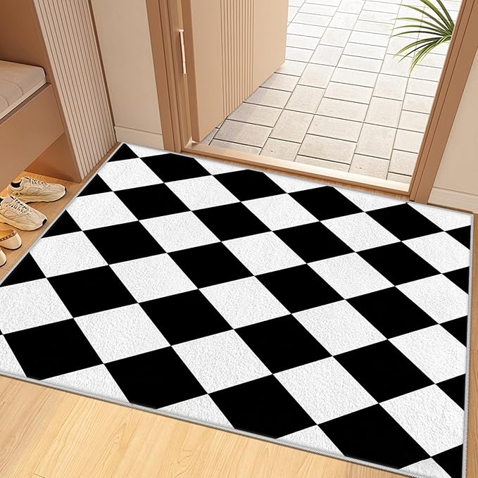 Checkered Rug, Black White Rug, Washable Rugs 8x10, Geometric Rhombus Plaid Area Rugs, Grid Gingham Carpet for Living Room Non Slip Home Decor