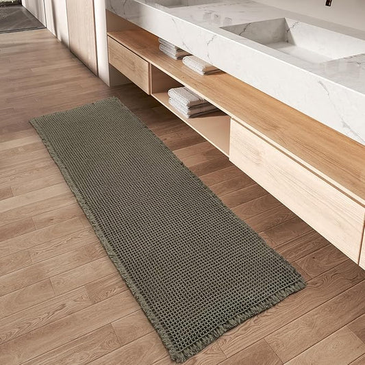 Upgraded Waffle Runner Rug, Super Absorbent Non Slip Bath Mats for Bathroom Floor, Machine Washable Bathroom Runner Rug with Tassels, Ideal for Hallway Bedroom Laundry Room, Dark Green, 17" x 60"