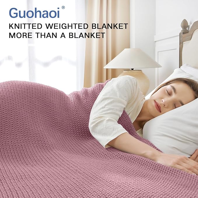Guohaoi Knitted Weighted Blanket for Adults (Muted Pink 60"x80" 20lbs) No Beads Cooling Throw Blanket for Hot Sleepers, Home Decor Breathable Chunky Knit Heavy Blanket Use on Queen/King Size Bed