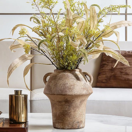 Rustice Vase for Flowers, 7in Decorative Farmhouse Vases for Pampas Grass, Vintage vase for Centerpieces, Terracotta Wide Open Vases with Handle, Unique Ceramic Vase by Lyeec
