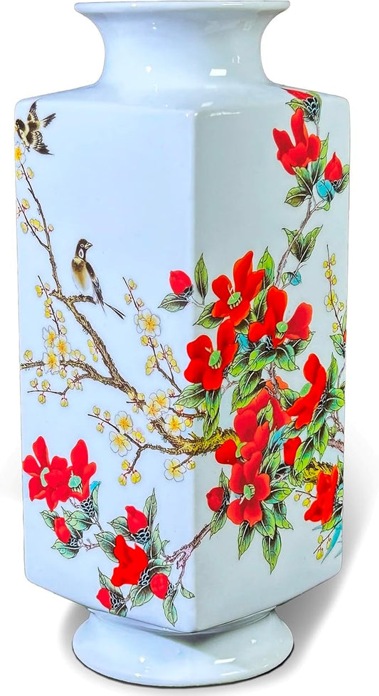 MTME Porcelain Figurines, Jingdezhen Decorative Flower vase, Home Decor, Wedding Gifts, Aesthetic Sculpture Home décor (red Flowers)