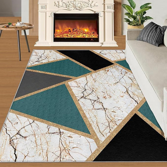 Emerald Green Marble Rug Modern Geometric Marble Area Rugs Light Luxury Geometric Striped Carpet Vintage Stone Crack Rug for Bedroom Living Room 4x5ft