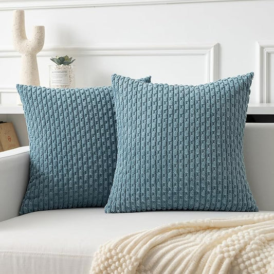 Kevin Textile Throw Pillow Covers Soft Corduroy Decorative Set of 2 Boho Striped Pillow Covers Pillowcases Farmhouse Home Decor for Couch Bed Sofa Living Room 16x16 Inch Blue Grey