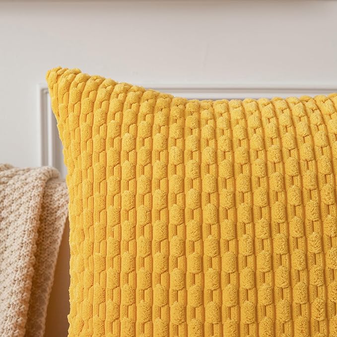 Kevin Textile 2 Packs Yellow Euro Farmhouse Decorative Throw Pillow Covers 26x26 Inch for Living Room Couch Bed Sofa Rustic Boho Home Decor Soft Striped Corduroy Square Cushion Case 66x66 cm