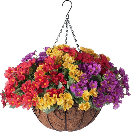 Artificial Flower in Hanging Basket Outdoor Indoor Garden Yard,Coconut Lining Flowerpot with Faux Plant,Daisy with Eucalyptus Leaves Arrangement for Home Spring Summer Decor(Red Purple Yellow)