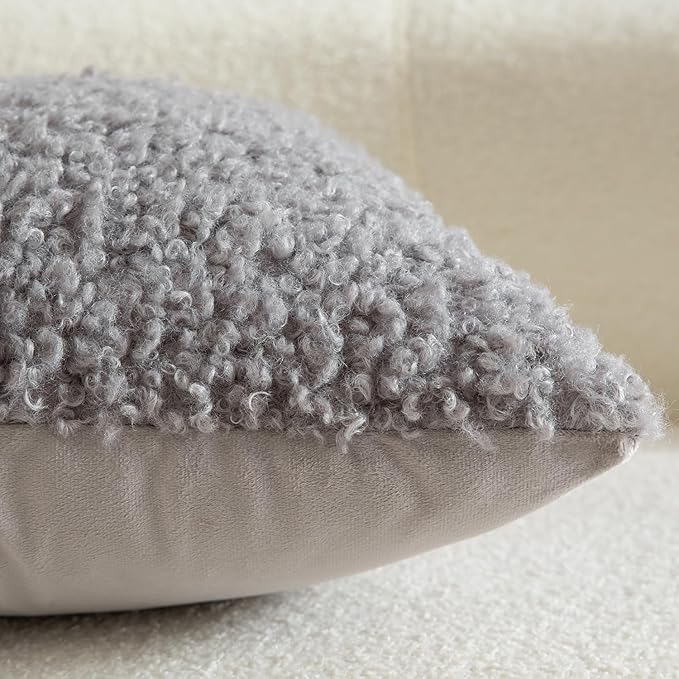 Yaertun Pack of 2 Faux Fur Throw Pillow Covers Decorative Sherpa Boucle Pillow Covers Fuzzy Soft Pillowcases Sheepskin Fleece Cushion Case for Couch Sofa Bed Living Room 24x24 Inch Light Grey