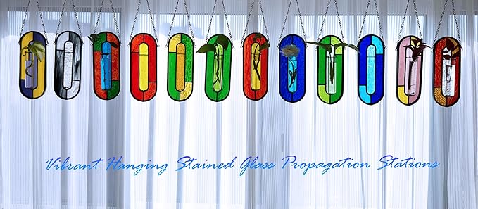 LITMIND Transparent Orange Stained Glass Propagation Station - Handcrafted Suncatcher Hanging Planter with 2 Glass Tubes, Multi-Color Hydroponic Wall Décor for Windows, Home & Garden