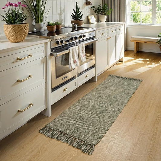Collive Kitchen Runner Rug 2' x 4.3', Hand-Woven Cotton Reversible Washable Entryway Runner Rug, Natural/Green Farmhouse Bathroom Rug Modern Bedroom Carpet for Laundry Room Front Door Décor