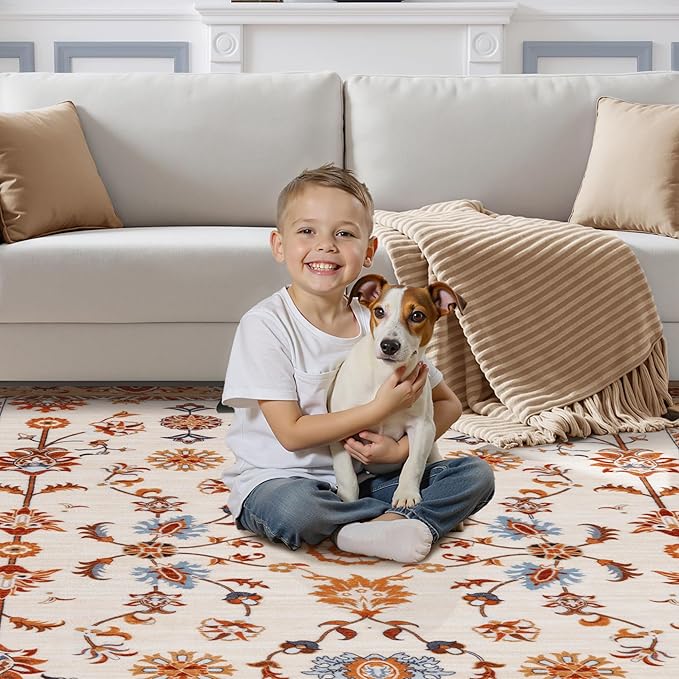 Tangsoo Floral Area Rug 6x9 Machine Washable Orange Rug Non-Slip Vintage Distressed Boho Print, Soft Low Pile Carpet for Living Room, Bedroom, Dining Room, Pet & Child Friendly (Orange Home Decor)