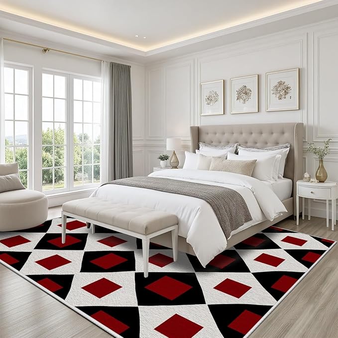 Plaid Rug 3x4, Vintage Geometric Soft Ultra Soft Faux Wool Low Pile Rug, Indoor Floor Mats Carpet, Non-Slip Stain Resistant Washable Rugs, Modern Red Rugs for Living Room Home Office Decor