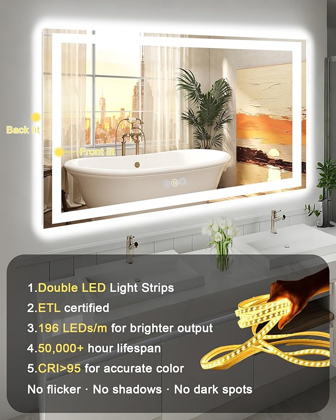 24"x 30" LED Mirror for Bathroom, Front and Backlit Controlled Separately LED Vanity Mirror with Lights, Lighted Mirrors for Bathroom Wall, Tempered Glass, Stepless Dimmable, Anti Fog, Memory(ETL)