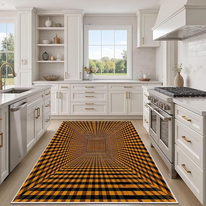 3D Rugs Optical Illusion - Plaid Rug 4x5, Geometric Stripes Soft Neutral Indoor Floor Mats Carpet, Non-Slip Stain Resistant Modern Orange Rug for Bedroom, Living Room Rugs