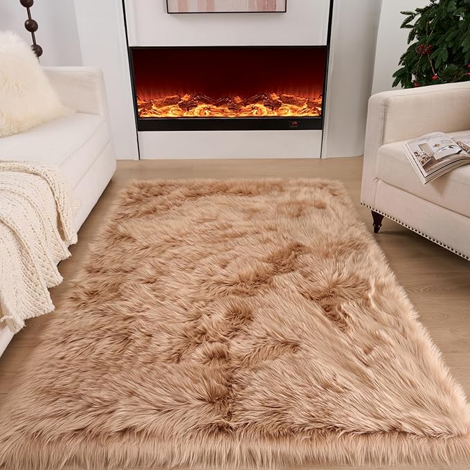 Fluffy Faux Fur Rug Brown Sheepskin Area Rug,2x4 Ft Ultra Soft Shaggy Plush Rug for Bedroom Bedside Living Room Nursery Kids Room