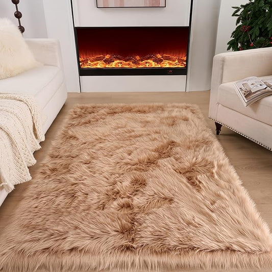 Fluffy Faux Fur Rug Brown Sheepskin Area Rug,2x4 Ft Ultra Soft Shaggy Plush Rug for Bedroom Bedside Living Room Nursery Kids Room
