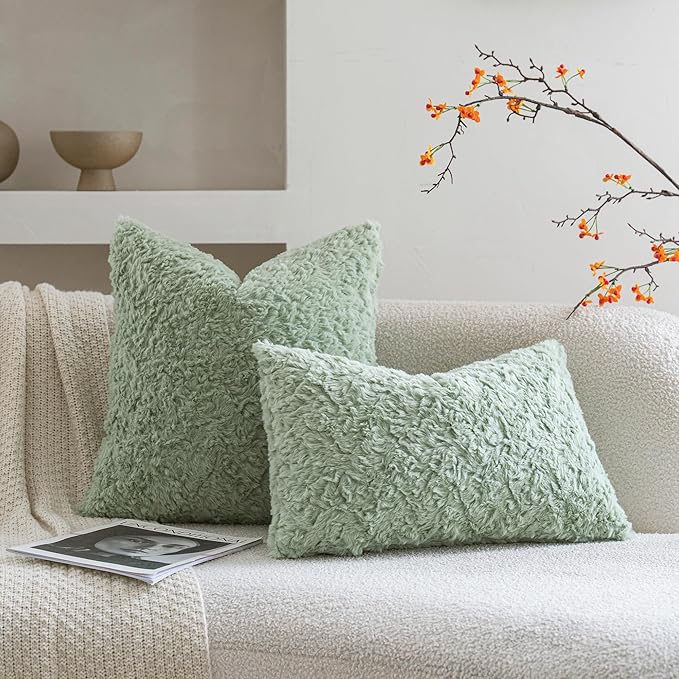 Neelvin Set of 2 Faux Fur Throw Pillow Covers 20x20 Inch Sage Green Cozy Soft Solid Decorative Pillowcases Thick Plush Sheepskin Cushion Case for Chair and Couch Sofa Bedroom