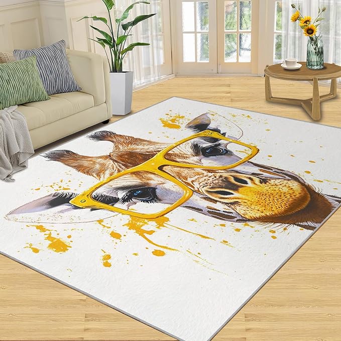 Giraffe 2x3 Area Rugs for Living Room, Funny Animals Washable Non Slip Rugs, Pop Art Low Pile Print Rug for Bedroom, Dining Room, Home Office