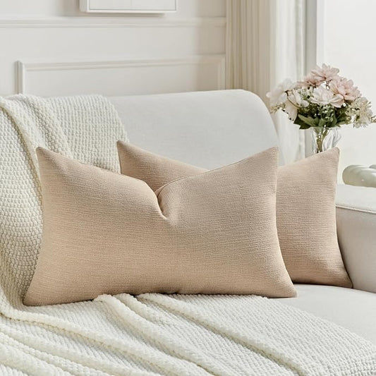 FUTEI Dusky Pink Chenille Decorative Throw Pillow Covers 12x20 Inch Set of 2,Soft Cozy Faux Linen Textured Lumbar Pillow Cases,Farmhouse Home Decor for Couch Living Room