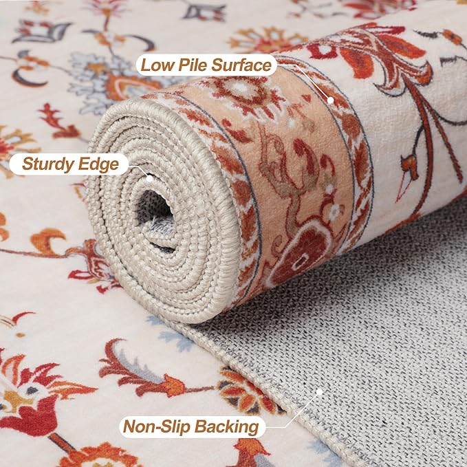 Tangsoo Floral Area Rug 4x6 Machine Washable Orange Rug Non-Slip Vintage Distressed Boho Print, Soft Low Pile Carpet for Living Room, Bedroom, Dining Room, Pet & Child Friendly (Orange Home Decor)