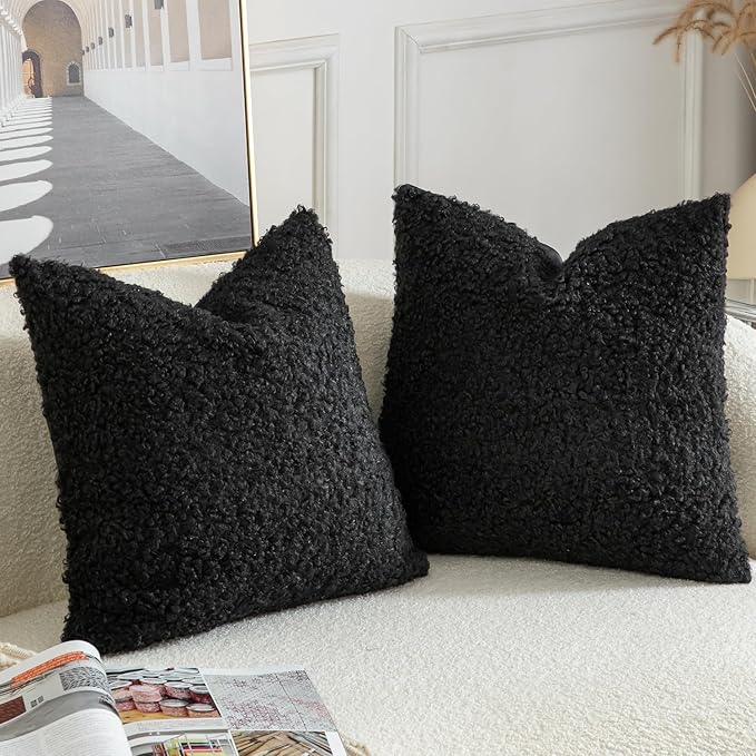 Yaertun Pack of 2 Faux Fur Throw Pillow Covers Decorative Sherpa Boucle Pillow Covers Fuzzy Soft Pillowcases Sheepskin Fleece Cushion Case for Couch Sofa Bed Living Room 22x22 Inch Black