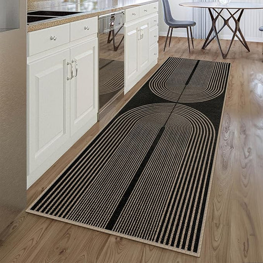 Easy Jute Rainbow Runner Rug, 2.6x8 Black Washable Rugs Runner for Hallway Non-Slip Boho Farmhouse Kitchen Runner Rug, Modern Abstract Indoor Outdoor Carpet for Porch Laundry Entryway