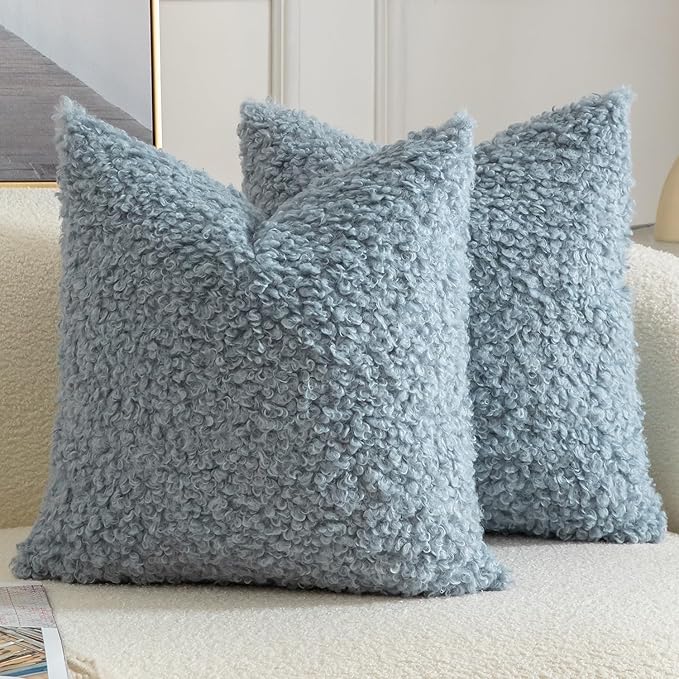 Yaertun Pack of 2 Faux Fur Throw Pillow Covers Decorative Sherpa Boucle Pillow Covers Fuzzy Soft Pillowcases Sheepskin Fleece Cushion Case for Couch Sofa Bed Living Room 24x24 Inch Light Blue