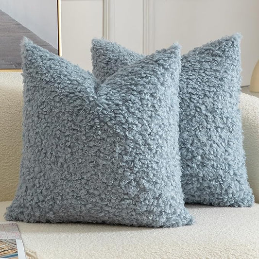 Yaertun Pack of 2 Faux Fur Throw Pillow Covers Decorative Sherpa Boucle Pillow Covers Fuzzy Soft Pillowcases Sheepskin Fleece Cushion Case for Couch Sofa Bed Living Room 18x18 Inch Light Blue