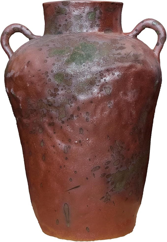 8IN Rustic Farmhouse Ceramic Vase Home Decor, Vintage Stoneware Clay Pottery Terracotta Textured for Modern Farmhouse, Living Room, Office Desk Table Shelf（Brown and Green）