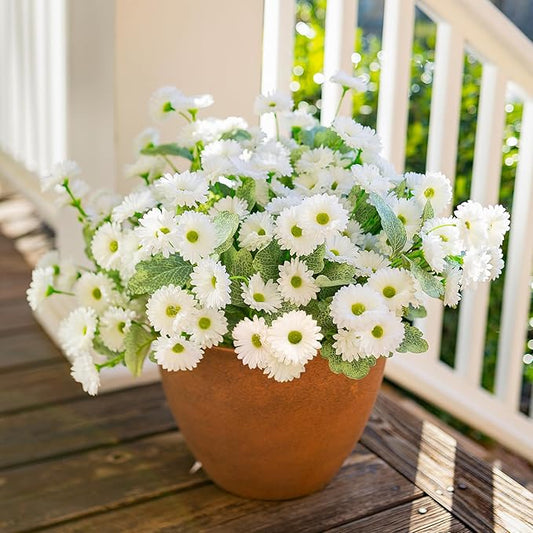HyeFlora Dahlia Artificial Flowers for Outdoors Spring Summer Decor, 6 Bundles Fake Daisy White Faux Flowers Plants Realistic UV Resistant Silk Flowers for Outside Planter Front Door Yard Garden Home