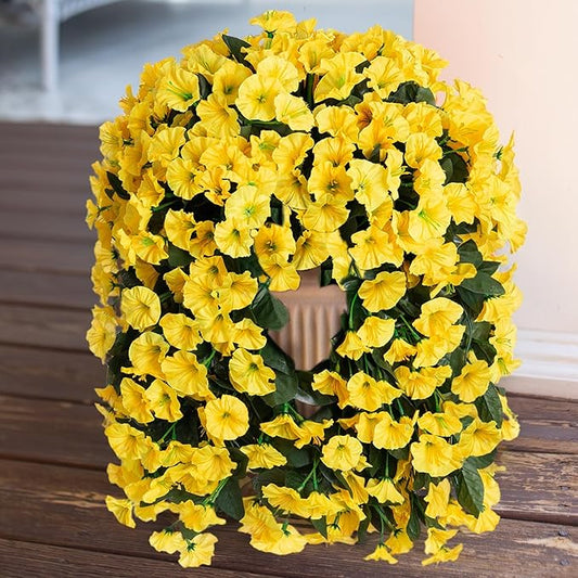 HyeFlora Artificial Fake Hanging Flowers Plants for Outdoor Outside Decoration, 2PCS Faux Silk UV Resistant Look Real Yellow Morning Glory Trailing Vines for Home Planter Porch Patio Balcony