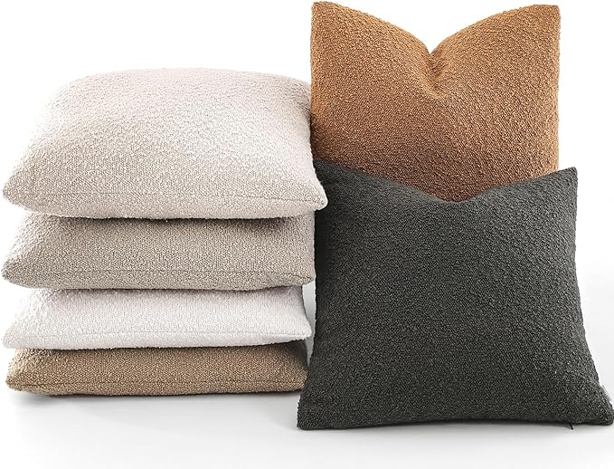 Boucle Decorative Throw Pillow Covers for Couch Set of 2, 16x16 inches, Tobacco