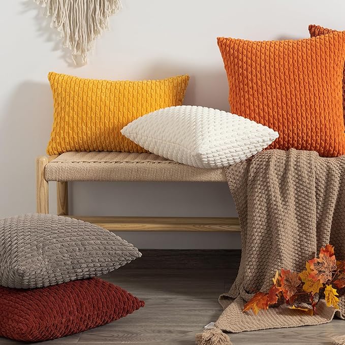Kevin Textile Pack of 2 Corduroy Decorative Throw Pillow Covers 22x22 Inch Soft Boho Striped Pillow Covers Modern Farmhouse Home Decor for Spring Sofa Living Room Couch Bed Light Brown